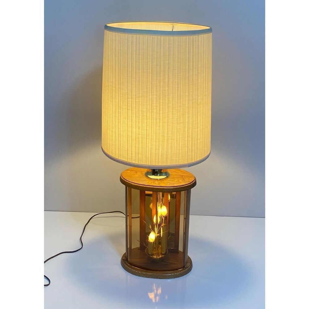 Vintage Mid-century Smoked Glass and Wood 3 Way Table Lamp 27in H
